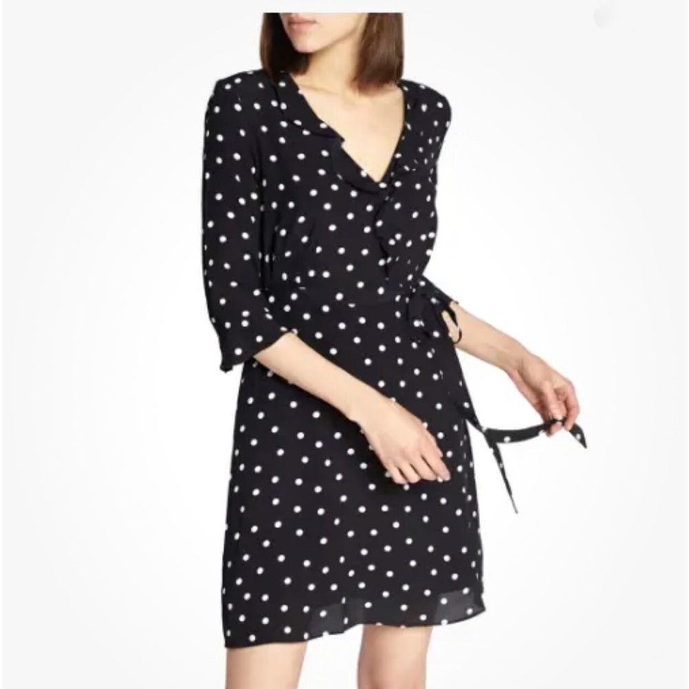 Sanctuary Black and White Polka Dot Ruffle Faux Wrap Woven V-Neck Dress